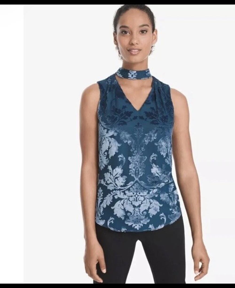 Women’s Y2K Halter Flock Burnout Velvet Blouse 6P Blue Whimsigoth Romantic WHBM